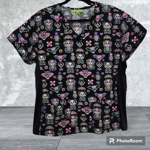 NWOT Green Town Day of the dead Scrubs top women's size Large